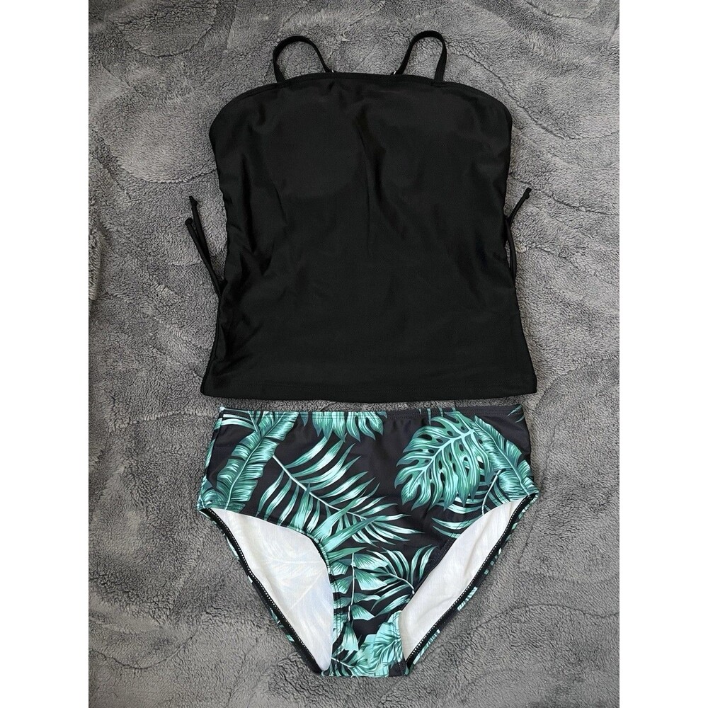 Girls Tankini Swimsuit 2 Piece Black With Printed Bottoms Size 13-14y